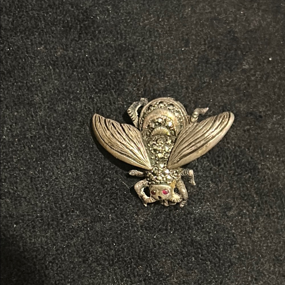 Silver Bee Brooch with Red Accents